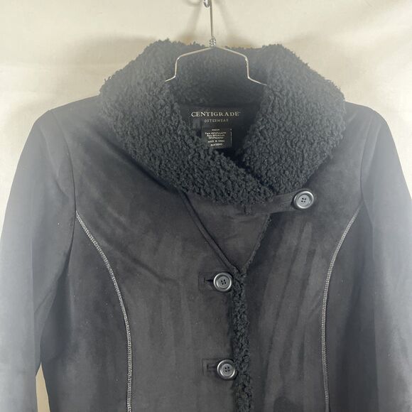 Centigrade Women’s Black Faux Shearling Suede Jacket Coat Button Front Sherpa M - Picture 2 of 9